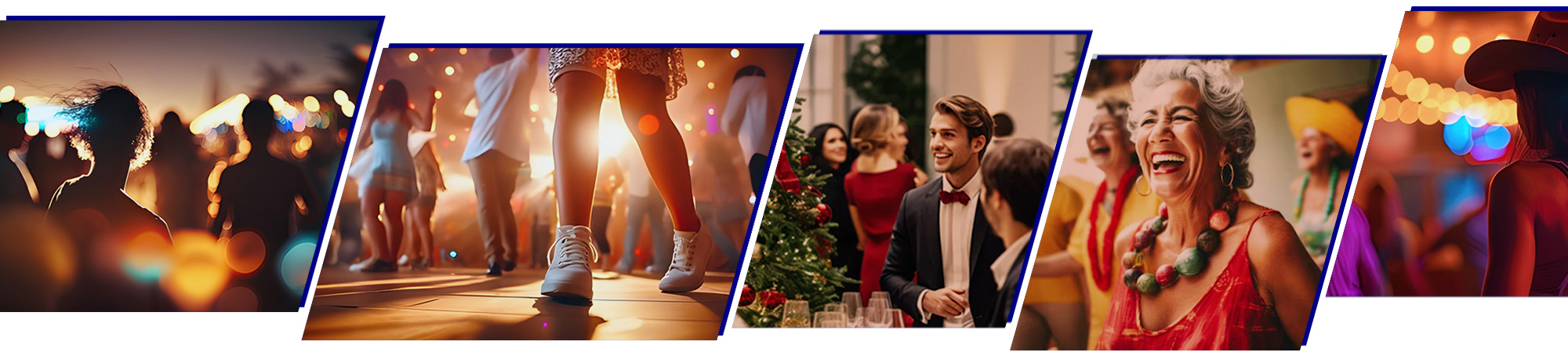 Image montage: outdoor party at night; feet dancing at a sock hop; elegant Christmas party; older women wearing colorful beads while laughing and dancing; young woman in cowboy hat at line-dancing event