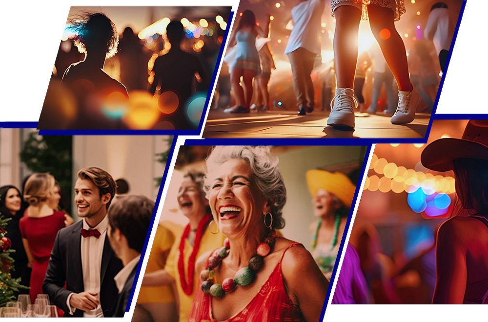 Image montage: outdoor party at night; feet dancing at a sock hop; elegant Christmas party; older women wearing colorful beads while laughing and dancing; young woman in cowboy hat at line-dancing event