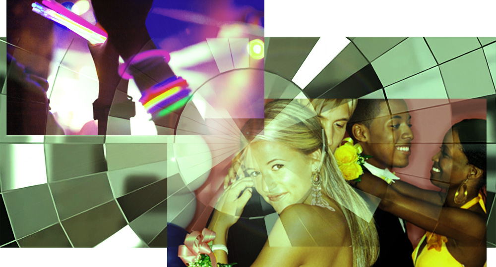 Close up of disco ball overlaid with two images: girl at a dance waving glow sticks; two teen couples smiling while dancing at prom