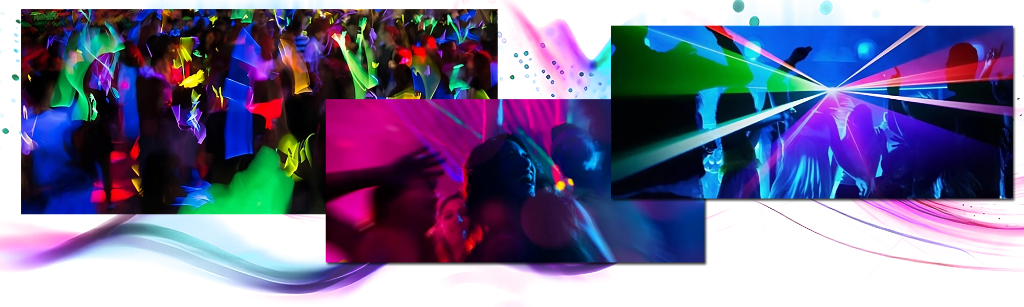 Photo montage of colored laser lights, and happy teens dancing and wearing glow necklaces and bands