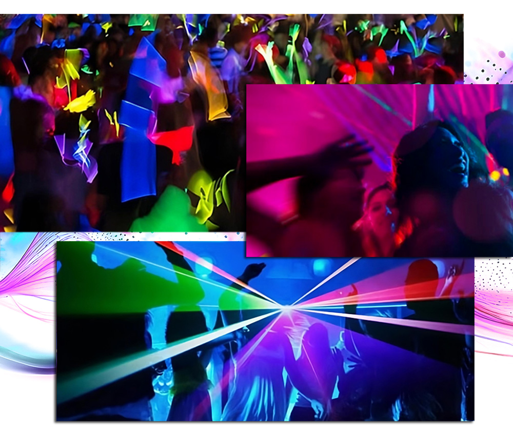 Photo montage of colored laser lights, and happy teens dancing and wearing glow necklaces and bands