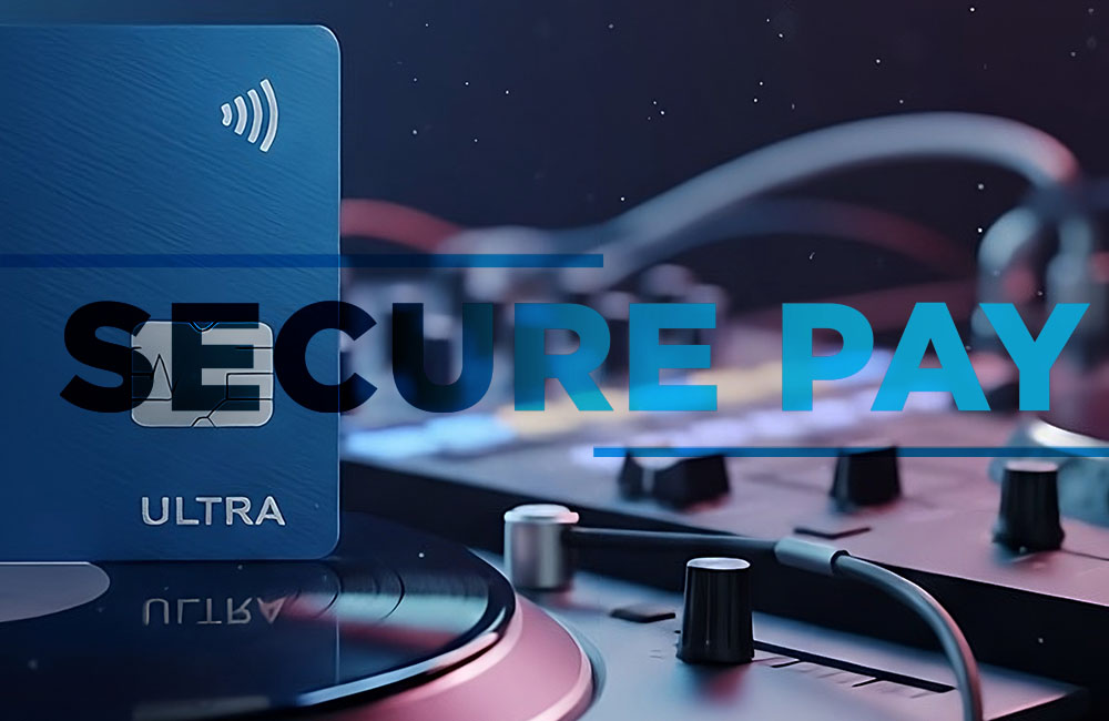 SEISMIC SOUND: Secure Payment Portal — close-up of credit card resting on professional DJ equipment